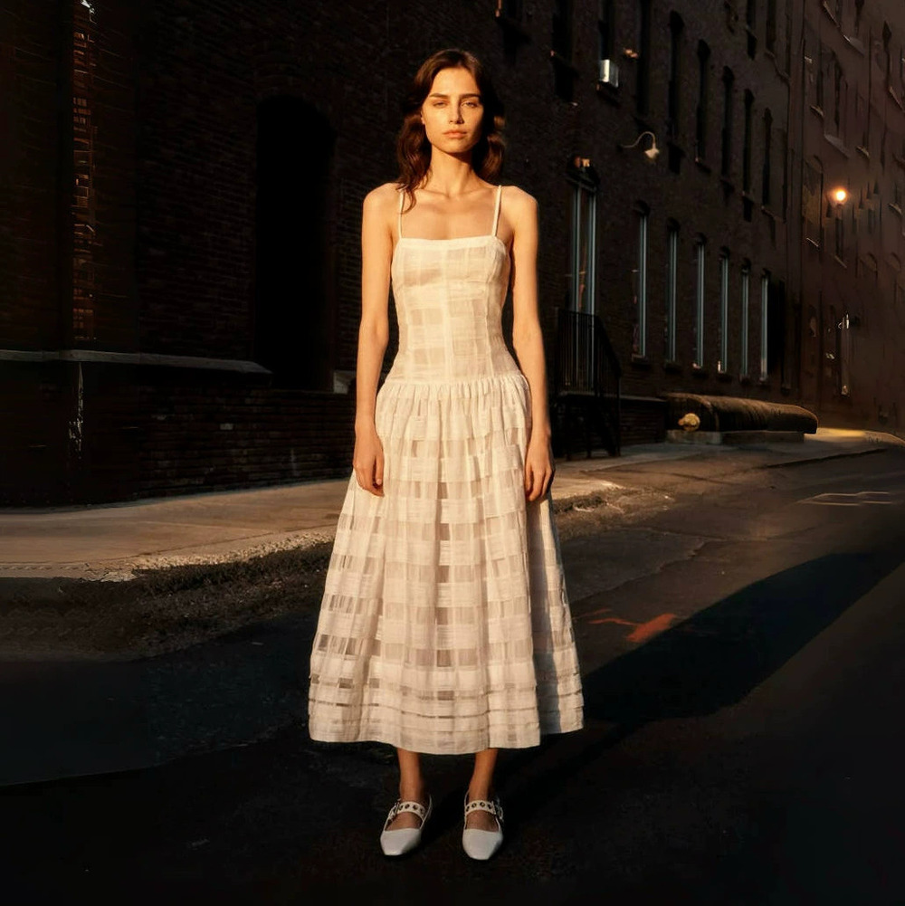 ZARA Elegant White Plaid Waist Slimming Strappy Maxi Evening Dress